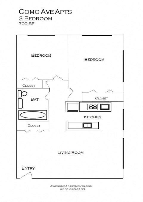 Floor plan for 2 beds, 1 bath, 750 sqft
